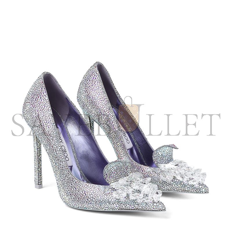 JIMMY CHOO CRYSTAL SLIPPER 110 IRIDESCENT CRYSTAL POINTED-TOE PUMPS WITH HEARTS CRYSTALSLIPPER110CQH